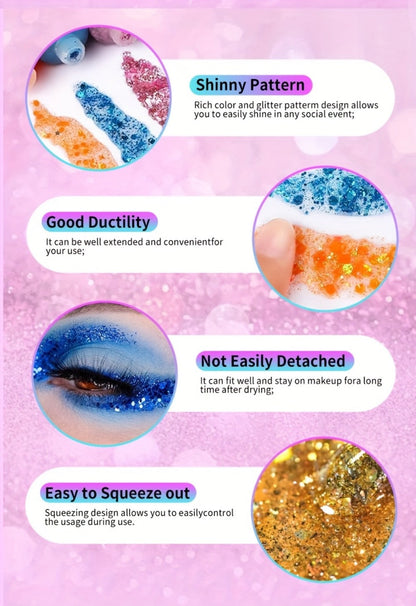 Holographic Glitter Gel Set 10 Colors Cosmetic Grade Face Body Makeup - Festival Rave Cosplay Anime Halloween Party Shimmer Skin Safe Easy Apply Remove