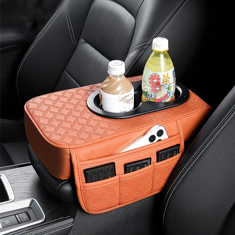 Universal Car Armrest Box Cover, PU Leather Center Console Mat with 2 Side Pockets + 2 Cup Holders, Multi-Functional Storage for Phone/Water Bottle/Cards, Fits Most Car Models, Tissue Box Replacement 3pcs Set-1