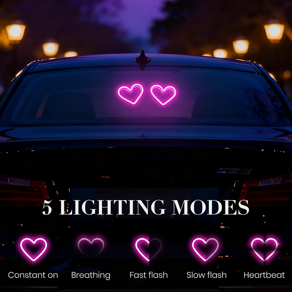 Set of 2 Car Interior Neon Heart Lights Available in Blue, Pink, Red, Ice Blue, Rechargeable Via Solar Or USB, Featuring 5 Lighting Modes, Perfect for Decorating Car Dashboards And Home Parties, an Ideal Gift for Couples During Halloween, Christmas