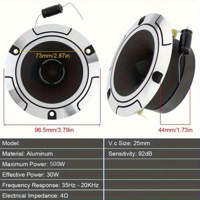 Set of 2, Maximum Power of 500W, 4-Ohm High-Pressure Car Ultrasonic Tweeter Featuring an Aluminum Frame And Diaphragm, Dual-Channel with Capacitor, Without Battery