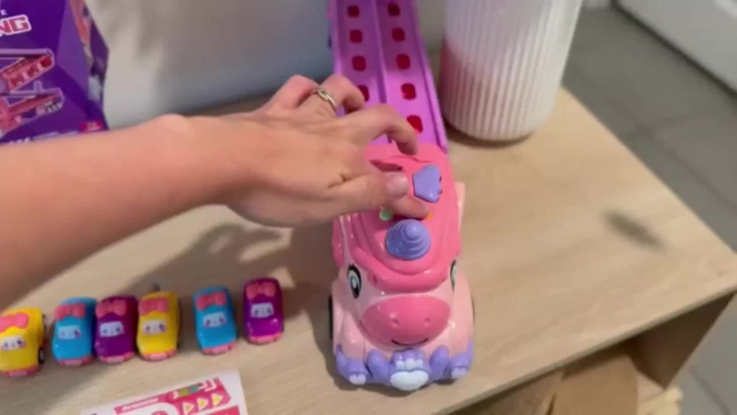 Pink Unicorn Monster Truck Track Set with 8 Princess Cars, Lights & Sounds – Friction Power 2-Player Fold-Out Track Toy for Girls Boys Ages 3+, Birthday Holiday Gift