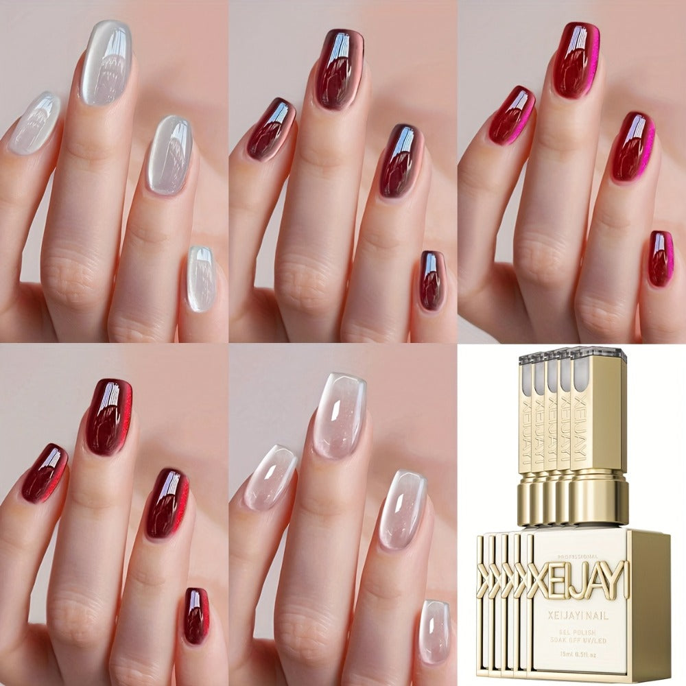 Magnetic Cat Eye Gel Nail Polish 5 Color Set Ruby Red Raspberry Blackberry White Moonlight Plain Water UV LED Soak Off Shimmer 3D Glass Bead Effect Nail Art Kit for Women Home Salon