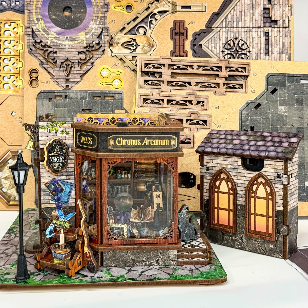 DIY Wood Miniature Bookhouse Model Kit SQ-71 Time Magic Club with Mechanical Link System – Adult Collector Dollhouse Display Piece, Unique Christmas Thanksgiving Birthday Gift for Women Teens Craft Lovers 14+