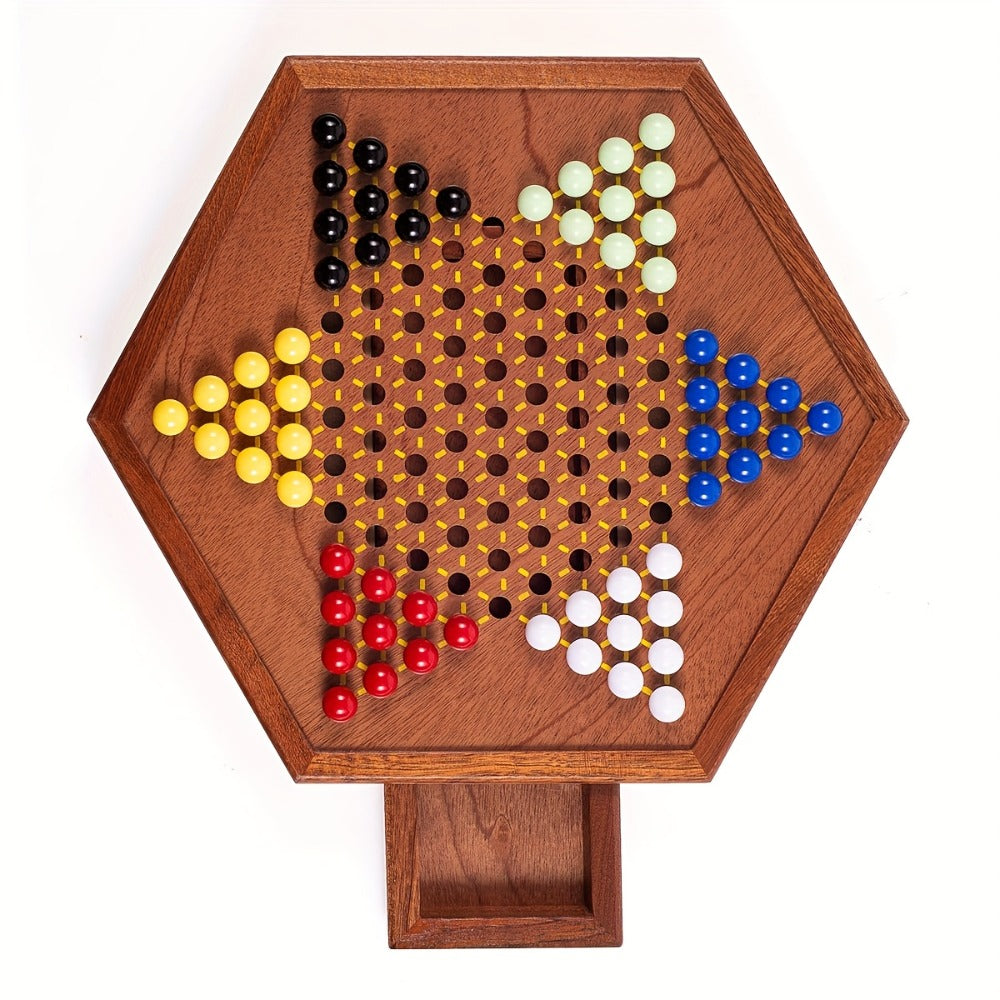 Deluxe Wooden Chinese Checkers Game Set 12.5 Inch Hexagonal Board with Storage Drawer 60 Acrylic Marbles – Classic Family Strategy Board Game for Kids Adults Game Night Gift