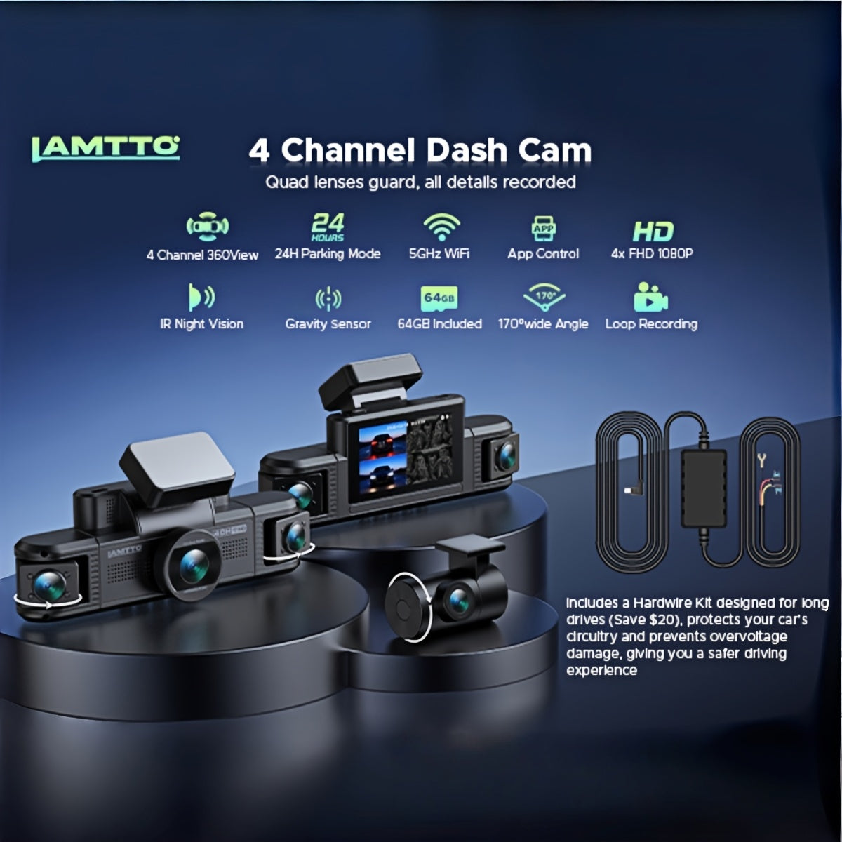 Lamtto 4 Channel Dashcam 360° View Dash Cam Front and Rear Inside 2K+1080P+1080P,+1080P, Dash Camera for Cars, 8 IR Lamps Night Vision, 5G WiFi & APP Control, G-Sensor, Parking Mode, with a Hardwire Kit