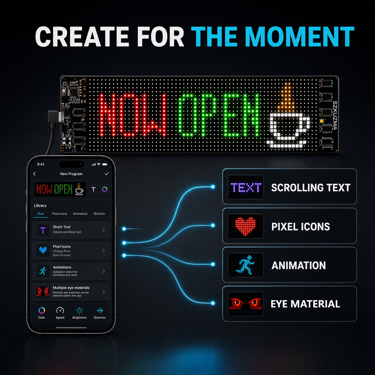 Programmable LED Signs, Flexible And Flexible LED Display, Mobile App Programming Text, Adjustable Screen Brightness, USB Power Supply, With Remote Control, Suitable For Store Signboards, Cars, Concerts, Holiday Party Decorations And Gifts