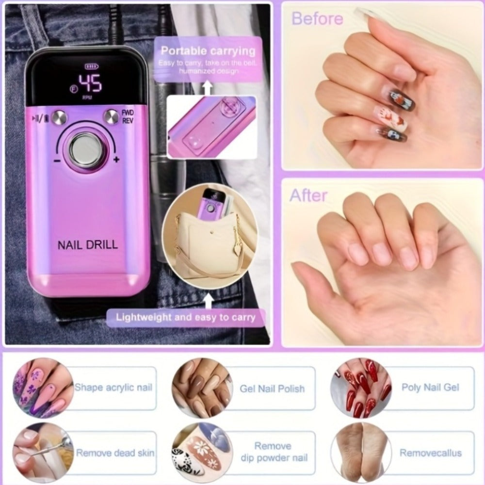 Nail Drill 45000 RPM Rechargeable Professional Electric Nail File Kit with Drill Bits Sanding Bands Low Noise Portable Manicure Pedicure Polishing Set for Salon Home Women Nail Techs