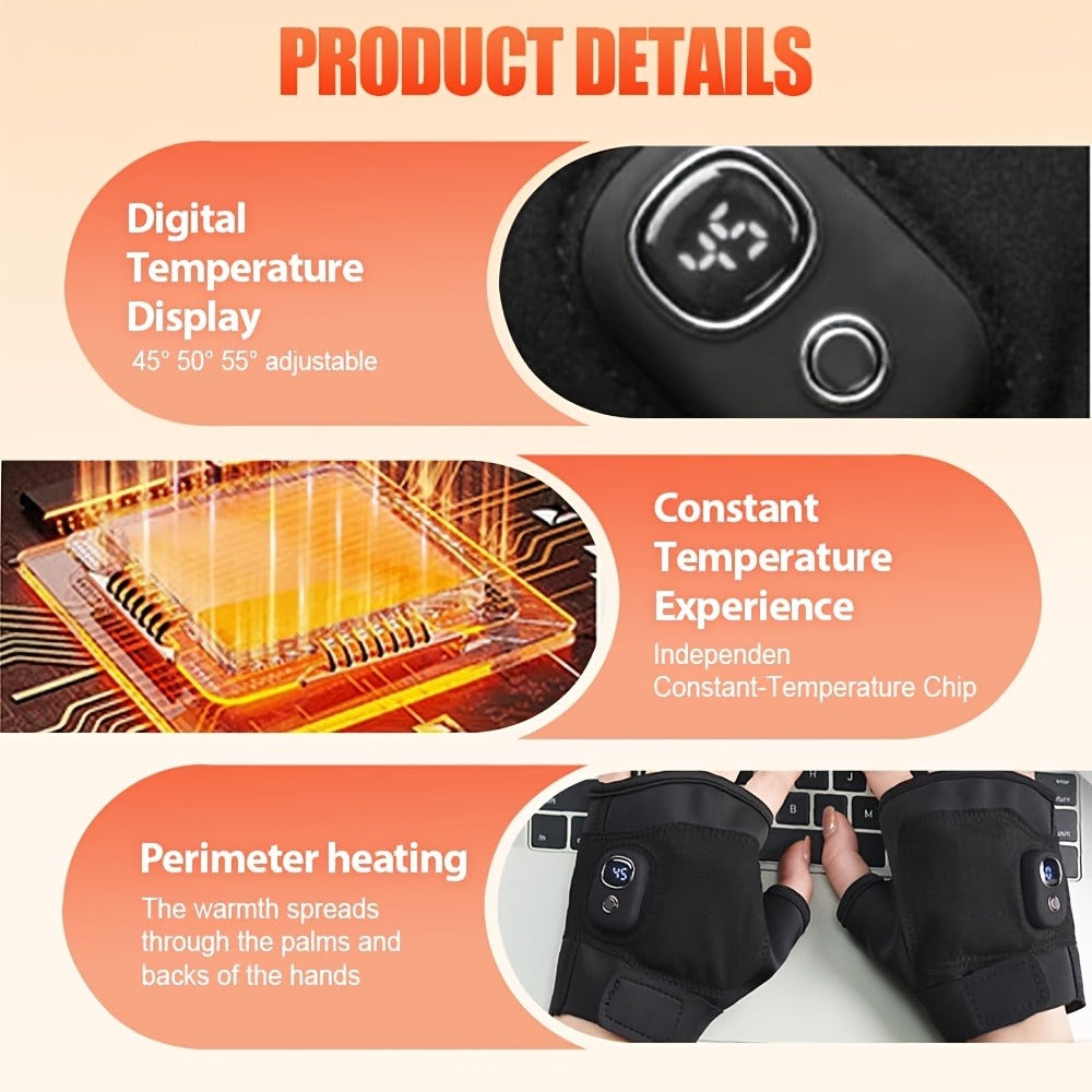 Electric Heated Gloves Half Finger – Digital Battery Display, 3 Heat Settings, 5H Runtime, USB-C Fast Charging for Skiing Cycling Fishing Hiking Winter