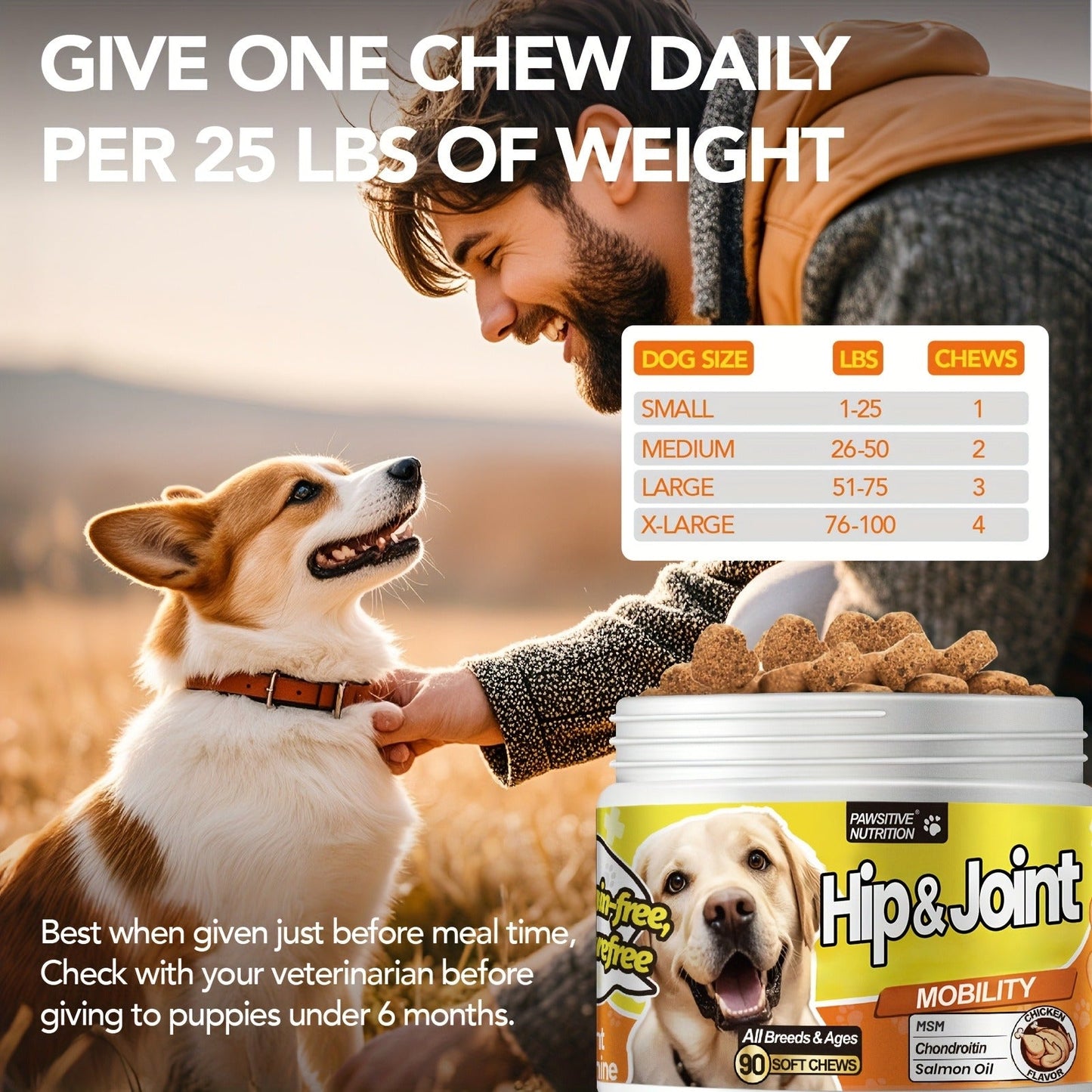 Hip & Joint Supplement for Dogs with Glucosamine & Chondroitin - MSM, Alaskan Salmon Oil Soft Chews for Mobility & Flexibility, Advanced Joint Care for All Breeds, Chicken Flavor, 90 Count