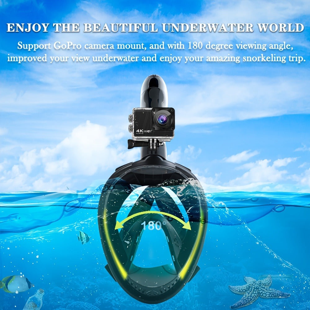 180° Full Face Snorkel Mask with Camera Mount Dry Top System – Foldable Panoramic Snorkeling Mask Leak-Proof Fog-Proof Safe Breathing for Adults Men Women Diving Swimming