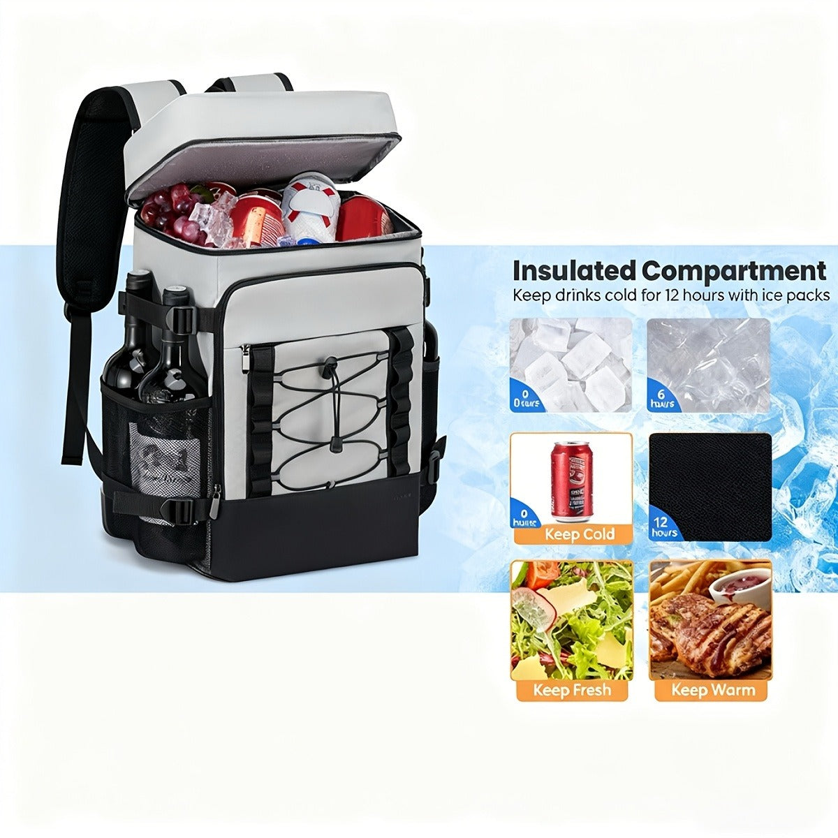 Insulated Cooler Backpack Leakproof Thermal Lunch Bag, Large Capacity Waterproof Cooling Rucksack for Camping, Hiking, Picnic & Beach, Foldable Soft Cooler Bag for Men & Women, Black & Grey