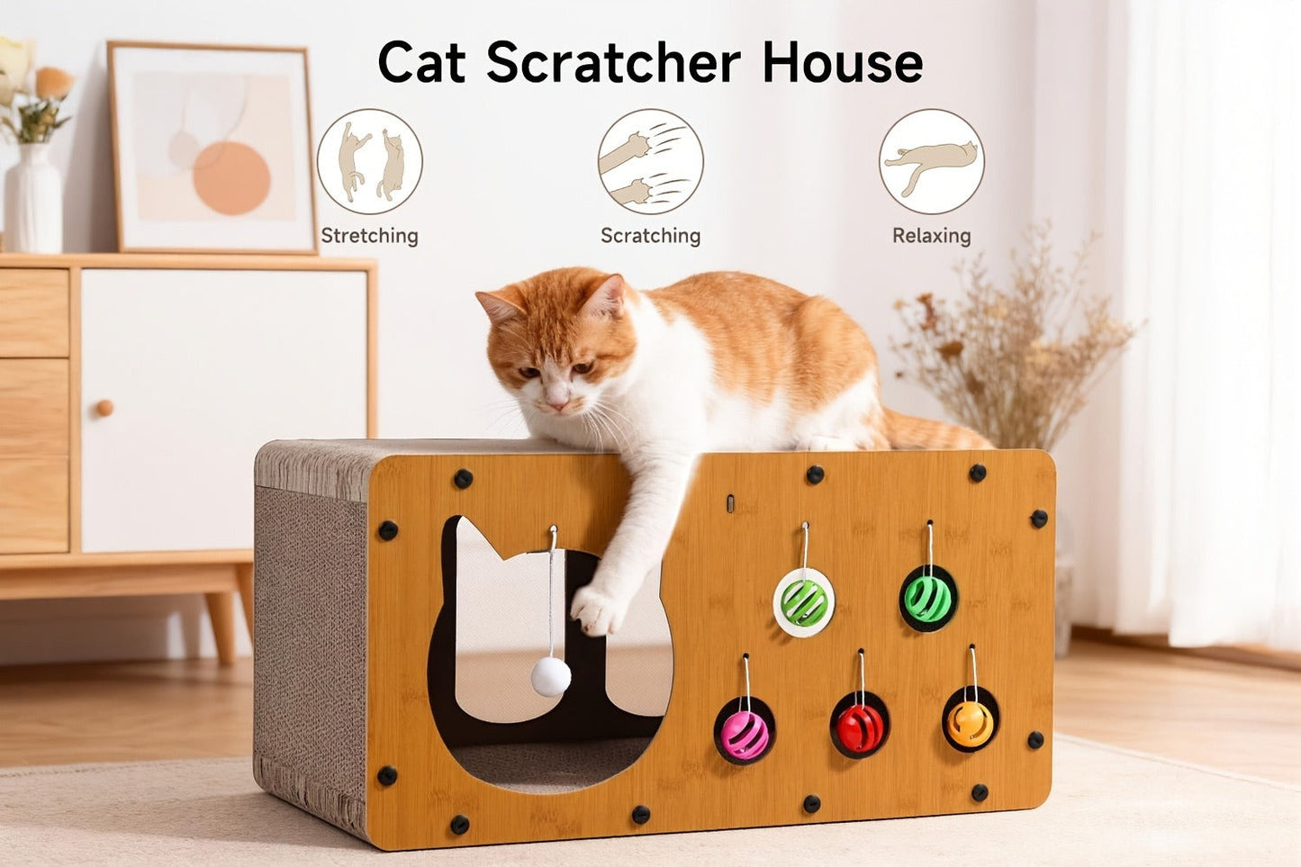 Cat Scratching Board with Interactive Rolling Ball – Multifunctional Cat Furniture for Scratching Playing & Resting, Sturdy Breathable Design, Perfect Cat Toy Gift for Indoor Cats