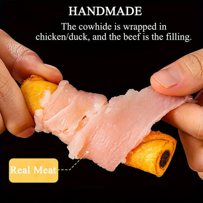 Dog Chew Treats Chicken & Duck Wrapped Cowhide Sticks – High Protein Beef Skin Stuffed Snacks, Long-Lasting, Easy to Digest, Training Reward for Dogs, 5.29oz (Chicken or Duck Flavor)