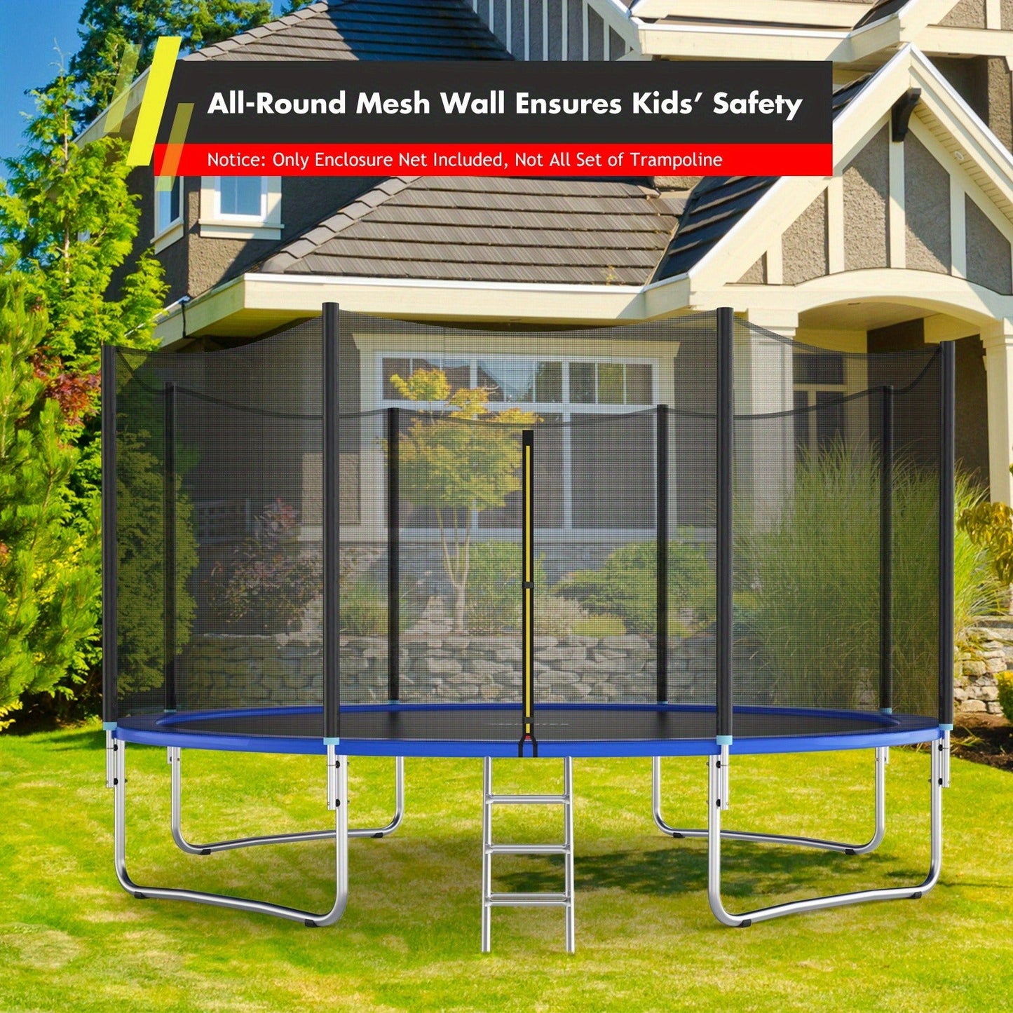 Trampoline Safety Net Replacement 12FT 14FT – PE Enclosure Net with Zipper Door & Safety Buckles for 8 Straight Poles