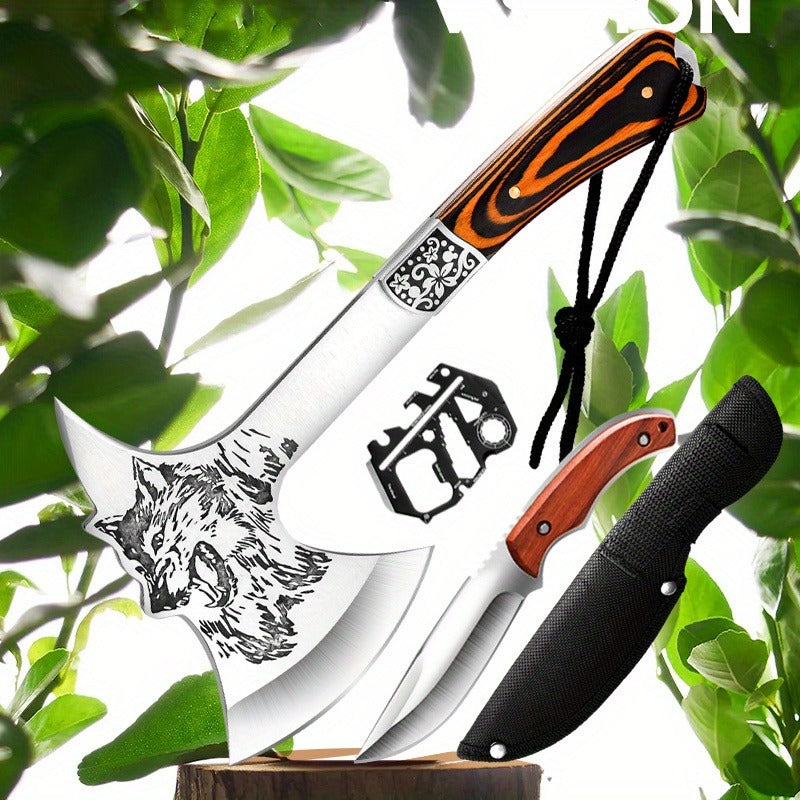 Tactical Axe Set Outdoor Multifunctional Knife Tool Card 3-4 Piece Kit for Hiking Camping BBQ Survival Wolf Head Axe Option