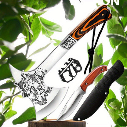 Tactical Axe Set Outdoor Multifunctional Knife Tool Card 3-4 Piece Kit for Hiking Camping BBQ Survival Wolf Head Axe Option