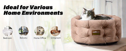 Cat Bed Round Deep Nest for Indoor Cats up to 15lbs, Luxurious Velvet Feel Extra High Sides, Machine Washable Non-Slip Bottom, Cozy Donut Cat Bed 20x20 in Steel Blue & Warm Beige