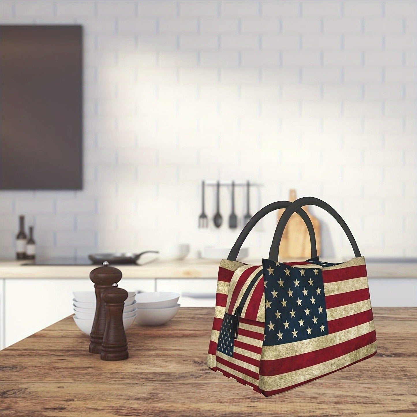 Retro Insulated Lunch Cooler Bag 11"x6.3"x6.7" Portable Reusable Independence Day Themed Leakproof Lunch Box for Camping Picnic Beach Office Worksite Restaurant Home Use Men Women