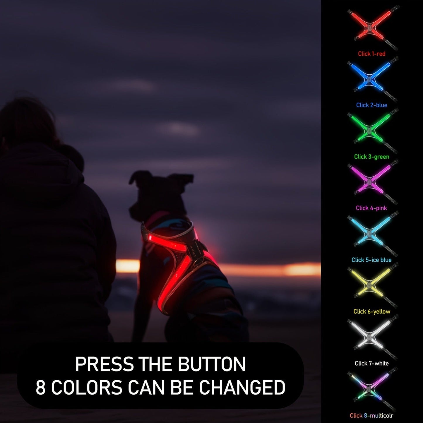 LED Dog Safety Vest USB Rechargeable 8 Color Flashing Light Night Visibility Harness for Medium Large Dogs Reflective Pet Walking Vest