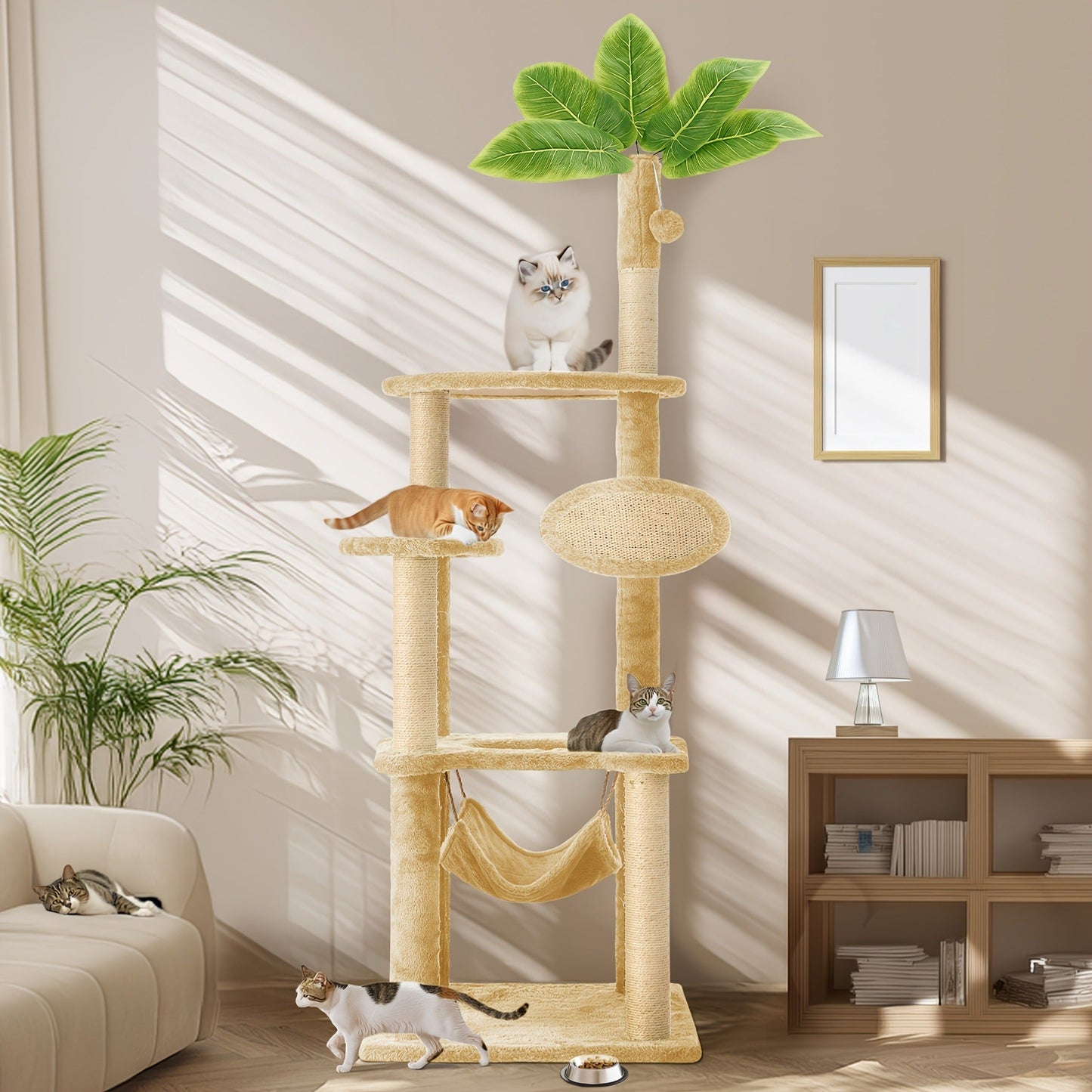 Cat Tree 55" Large Multi-Level Cat Tower for Indoor Cats with Green Leaves, Hammock, Sisal Scratching Posts & Hanging Ball Toy – Cat Furniture for Living Room