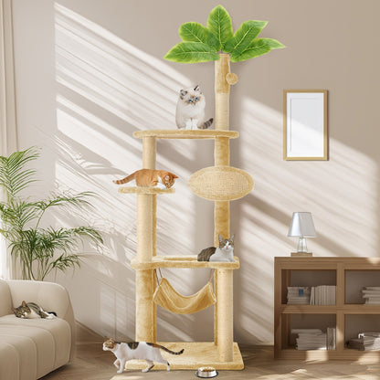 Cat Tree 55" Large Multi-Level Cat Tower for Indoor Cats with Green Leaves, Hammock, Sisal Scratching Posts & Hanging Ball Toy – Cat Furniture for Living Room