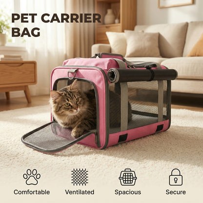 Airline Approved Pet Carrier Soft Sided Collapsible for Cats & Small Dogs - Breathable Oxford Cloth Travel Bag with Zipper Closure, Privacy Cover & Combo Set with Collar Leash Harness, Blue Pink Grey Green Beige
