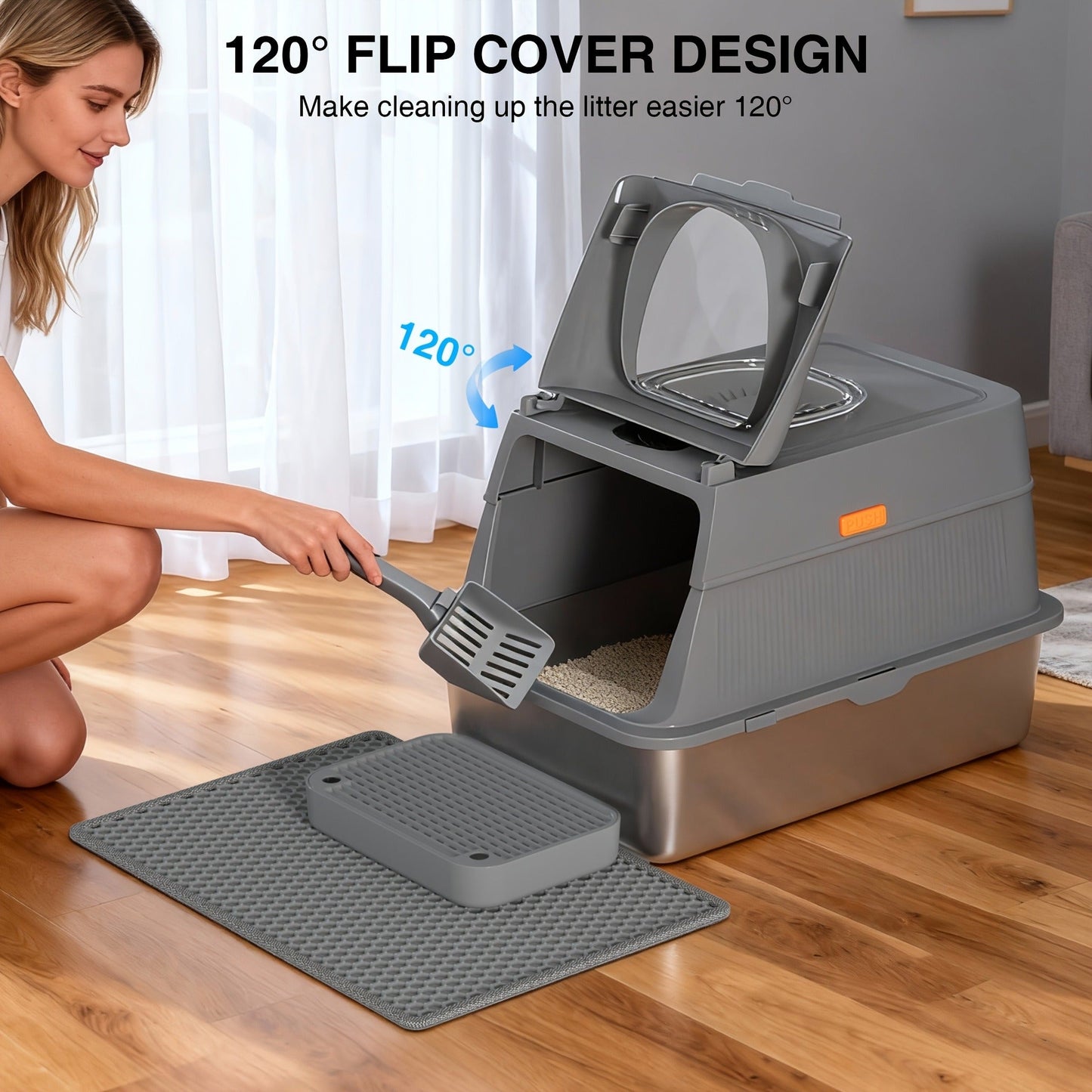 Extra Large Enclosed Cat Litter Box - Stainless Steel with Front Flap Door, Foldable Anti-Splash Fully Covered Design, Superior Odor Control Indoor Cat Toilet, 3 Colors, CITYLIFE Oversized