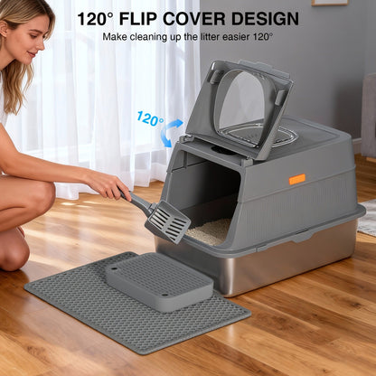 Extra Large Enclosed Cat Litter Box - Stainless Steel with Front Flap Door, Foldable Anti-Splash Fully Covered Design, Superior Odor Control Indoor Cat Toilet, 3 Colors, CITYLIFE Oversized