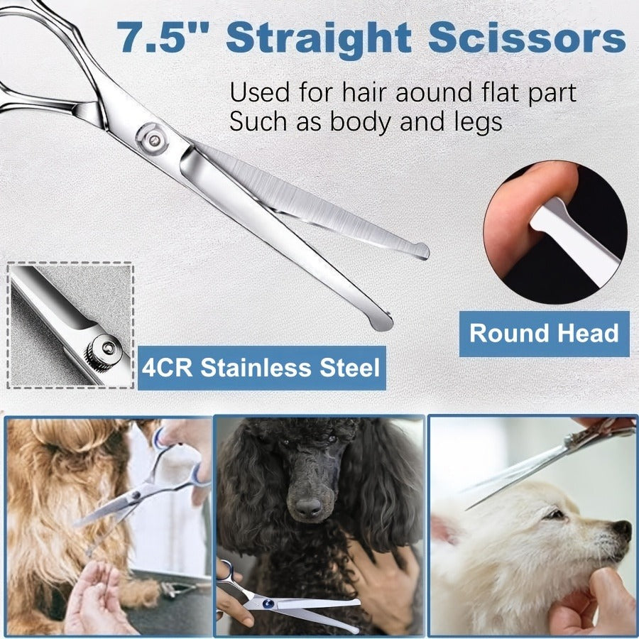 Dog Grooming Scissors Set 7-in-1 Professional Ceramic Coated Stainless Steel Safety Round Tip Straight Thinning Curved Scissors Comb Kit for Dogs Cats