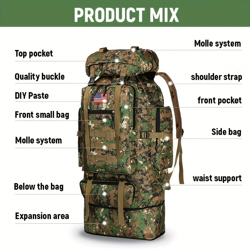 Tactical Backpack 100L Large Capacity Hiking Backpack Multiple Compartments Heavy Duty Ergonomic Straps for Camping Travel Trekking Backpacking Outdoor Adventures Jungle Green Black Army Green Gray Desert