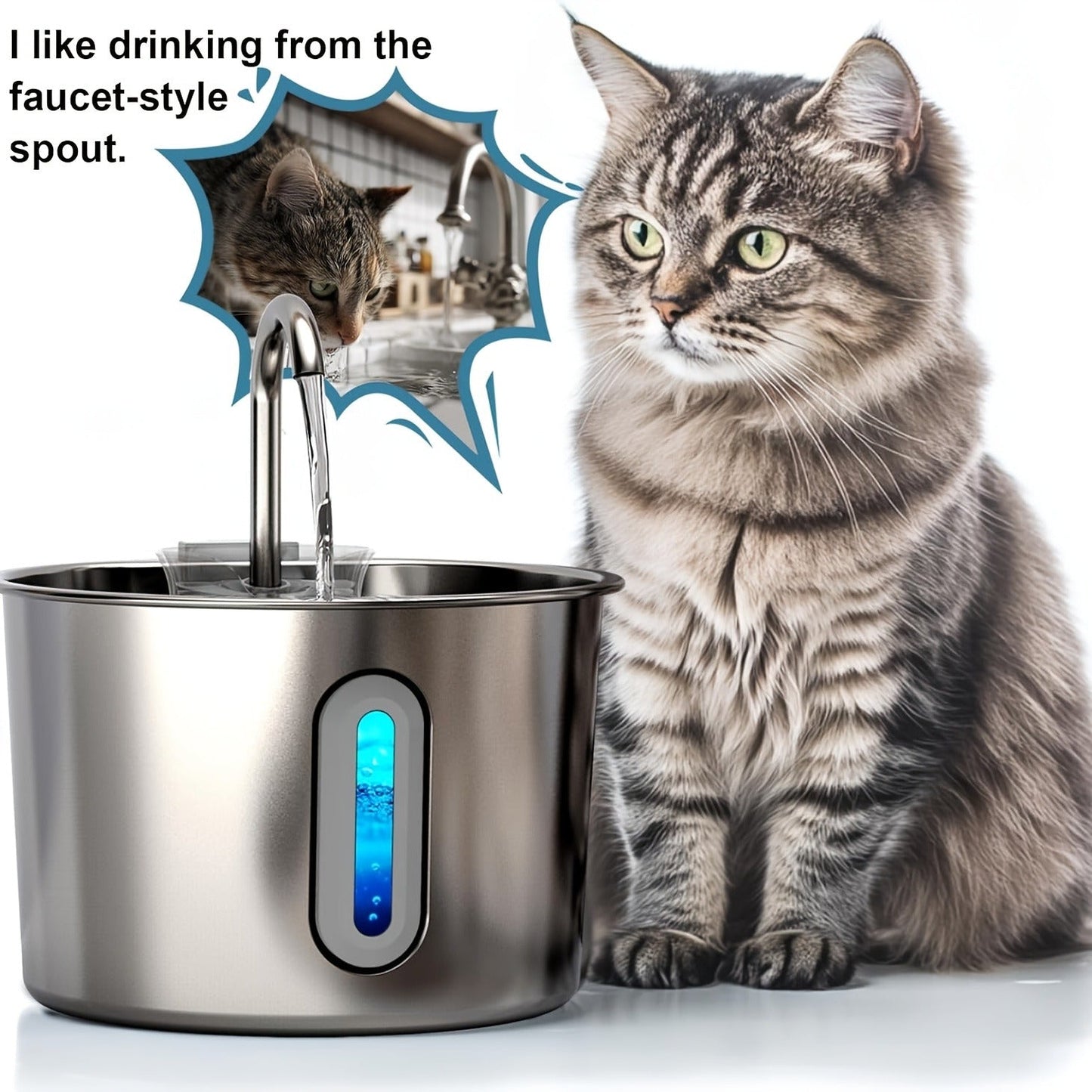 Stainless Steel Cat Water Fountain 74oz - 304 Food-Grade Steel, Ultra-Quiet USB Pump, 3-Stage Filtration, Visible Water Level Window, Auto Circulation for Cats & Small Dogs
