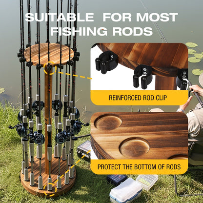 Fishing Rod Rack Holds 16 Rods - Circular Wooden Pole Holder with 360° Rotating Base Option - Space-Saving Wall-Free Fishing Rod Organizer for Garage, Basement & Home Storage