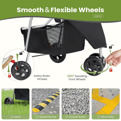 3-Wheel Pet Stroller for Small & Medium Dogs Cats - Foldable Jogger Stroller with Weather Cover, Storage Basket & Cup Holder, Breathable Mesh Window, All-Season Outdoor Walk Pram, Black