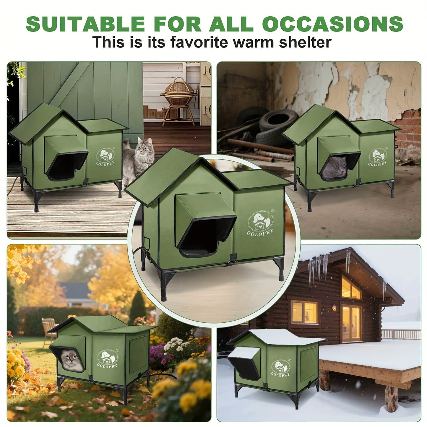 Elevated Cat House & Dog Bed with Detachable Heating Pad - Raised Outdoor Indoor Pet Bed for Cats Small Dogs, Durable Weatherproof Pet House with Removable Warm Pad, Multiple Sizes Available