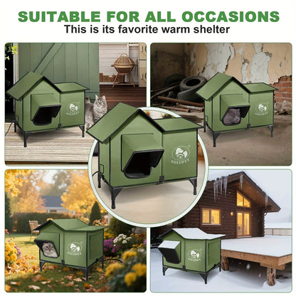 Elevated Cat House & Dog Bed with Detachable Heating Pad - Raised Outdoor Indoor Pet Bed for Cats Small Dogs, Durable Weatherproof Pet House with Removable Warm Pad, Multiple Sizes Available
