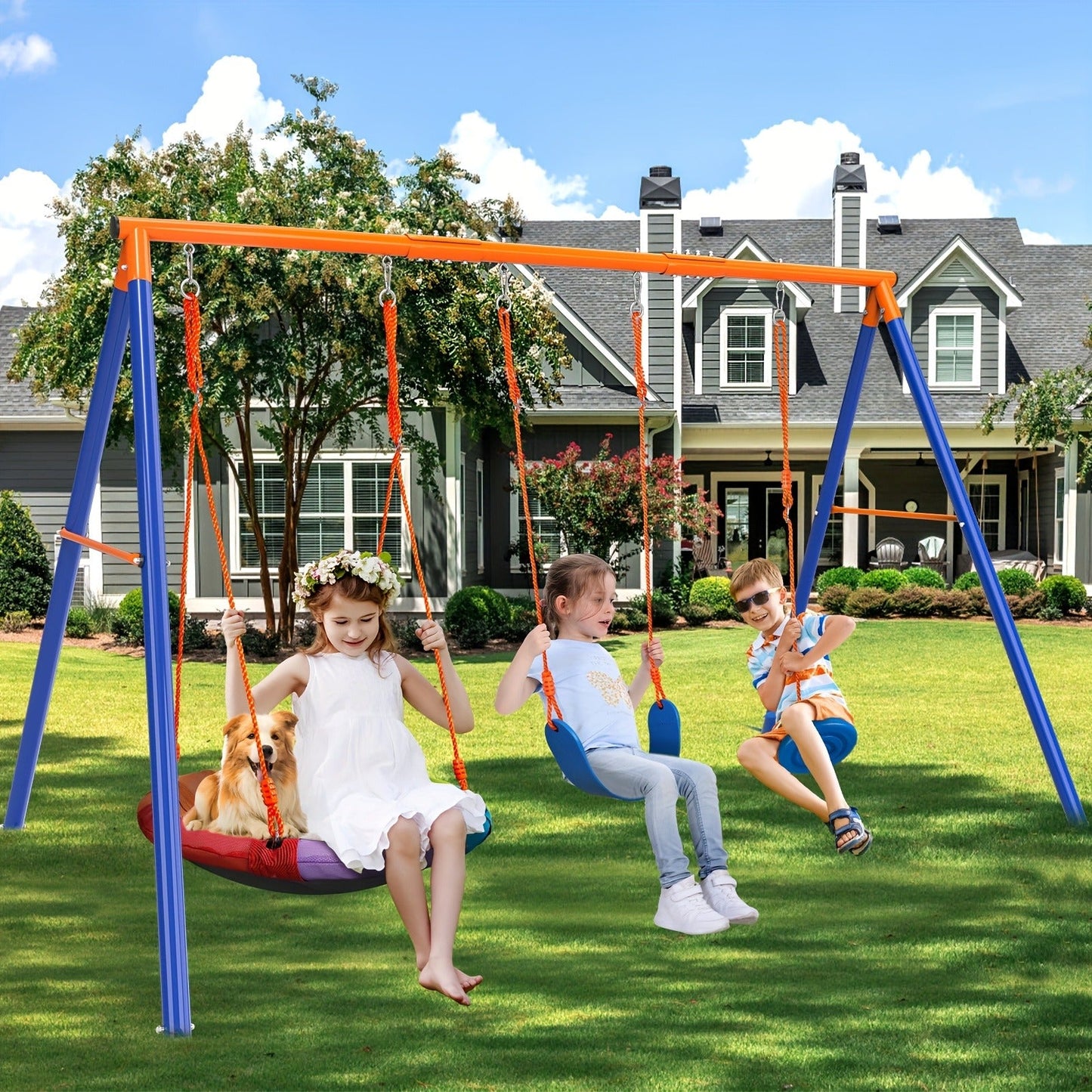 Outdoor Swing Set for Kids 3-in-1 Metal A-Frame 550 lbs Disc Saucer Swing Backyard Playground