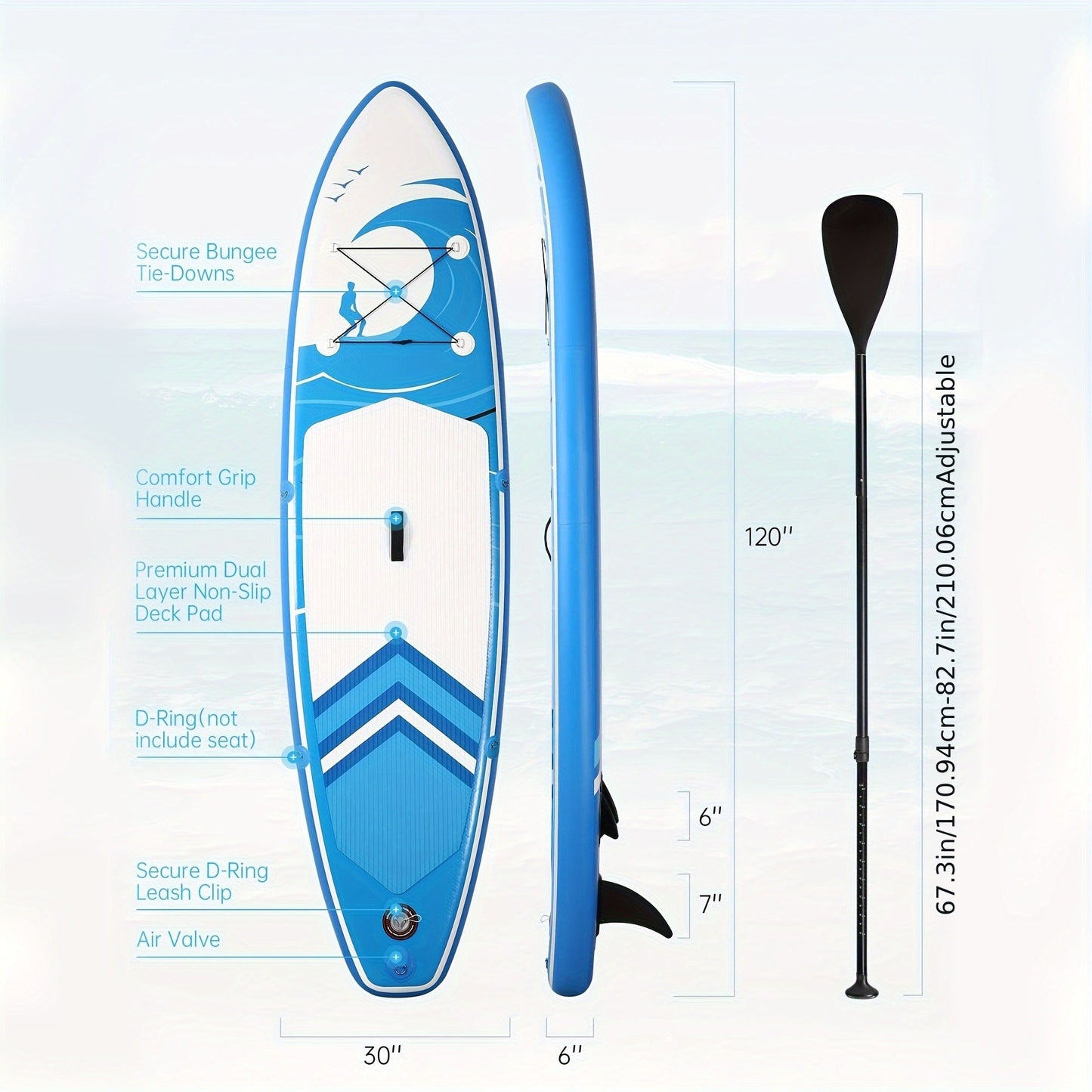 SUP Board 6 Inch Thick 120"x30" – Inflatable Stand Up Paddle Board 375lbs, 2+1 Fin Setup, Full Accessories Kit for Adults Youth Fishing Yoga Surfing Kayak
