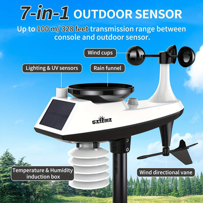 7-in-1 WiFi Home Weather Station – Wireless Indoor & Outdoor with Rain Gauge, Wind Speed, Solar Sensor & Smart App