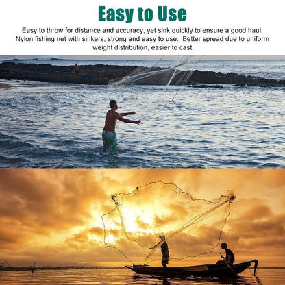 Fishing Cast Net 8FT 10FT with Real Zinc Sinker Weights, Nylon Monofilament Mesh 1.3cm, Heavy Duty Saltwater Bait Trap Net Easy Throw for American Fishing 240/300 Steel Drop