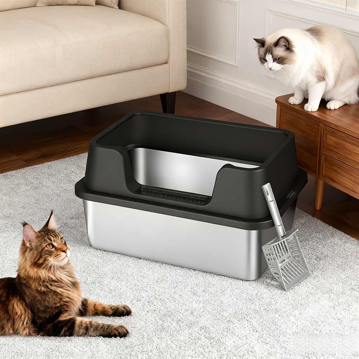 Stainless Steel Cat Litter Box with Scoop - High-Wall Semi-Enclosed Design, Non-Stick Easy Clean Surface, Anti-Leakage Odor Control, 2 Sizes for Kittens & Multiple Cats, Modern Metal Pet Toilet