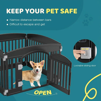 Dog Pen 4 Panel with Non-Slip Bottom & Safety Locking Door - Portable Expandable Indoor Outdoor Pet Pen for Medium Dogs & Puppies, Lightweight Durable Puppy Enclosure in Black & White