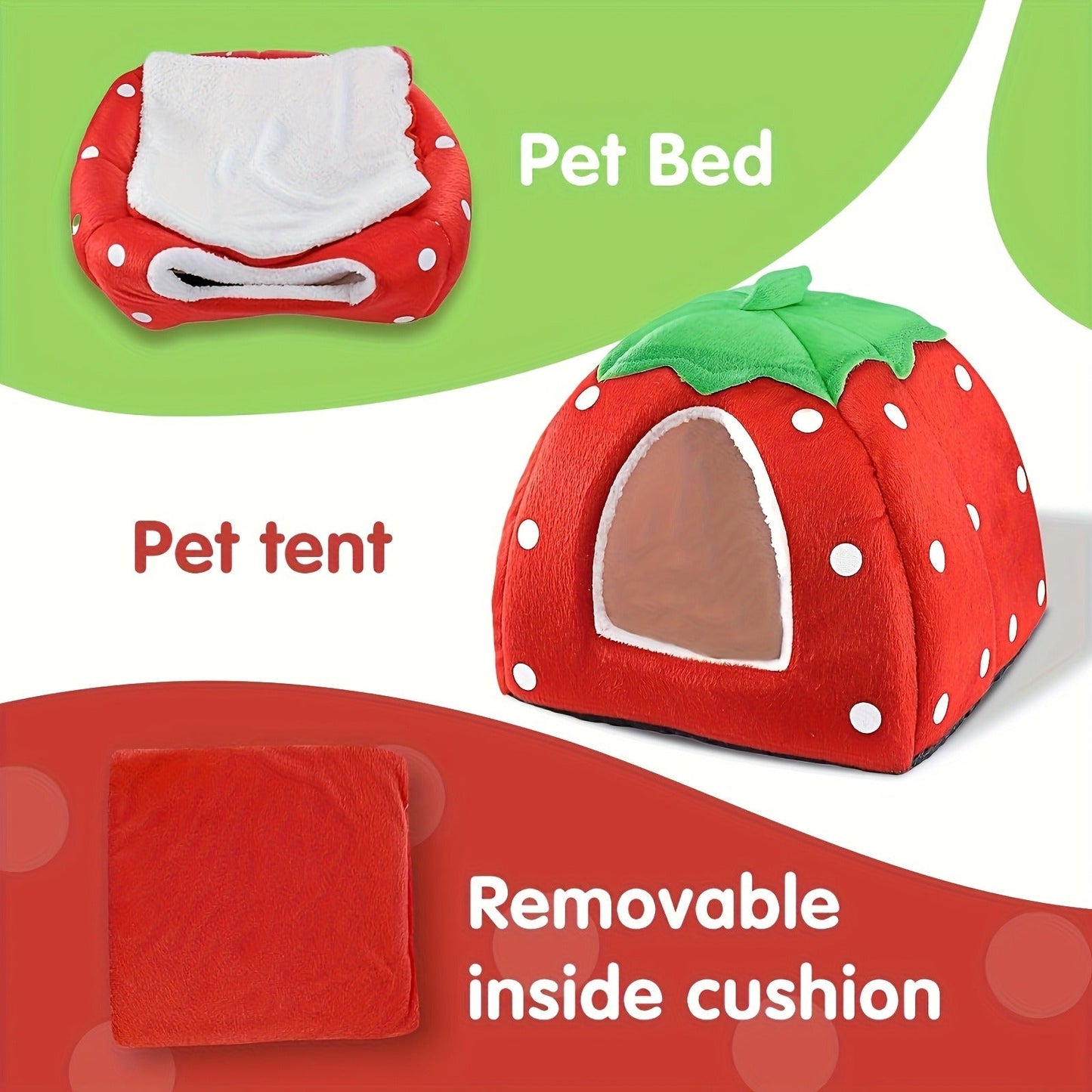 Small Animal Hideaway Bed 2pcs – Strawberry Plush Hideout for Guinea Pigs, Hamsters & Rabbits, Semi-Enclosed Warm Nest with Leaf Design, Washable, Multiple Color Options