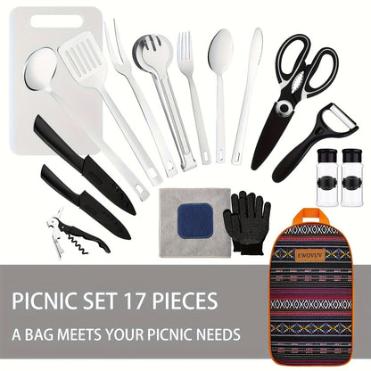 Camping Cookware Set Outdoor Kitchen Cooking Kit – Essential Camp Gear for Barbecue, Meal Prep & Outdoor Cooking at Campsites & Parks – 3 Colors: Green, Black, Cyan