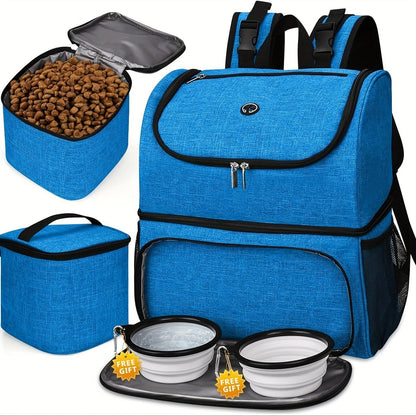 Pet Travel Backpack Double Layer Dog Cat Supplies Bag with 2 Collapsible Bowls 2 Food Baskets Portable Organizer for Outdoor Hiking Camping Road Trip