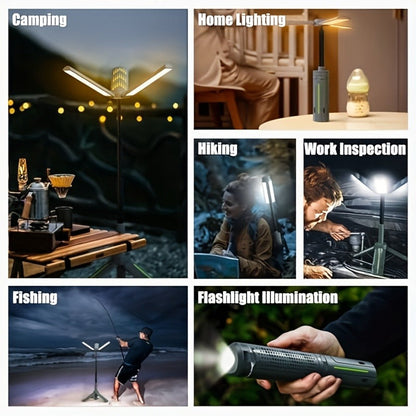 Camping Light & Work Light 3000 Lumens – Cordless LED with 3 Adjustable Heads, 8000/14500mAh Rechargeable Battery, Dimmable & Telescopic Tripod Stand | Camping Gear, Garage & Emergency Light