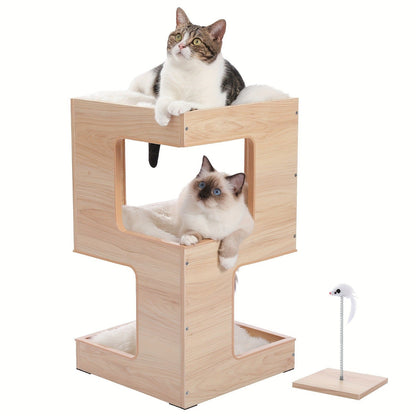 Cat Tree Small Modern 23.6" Wood Cat Tower Furniture with Scratching Pad Removable Soft Mats & Free Cat Toy for Indoor Kittens, Climbing Scratching Playing Cat Furniture for Small Spaces, Brown