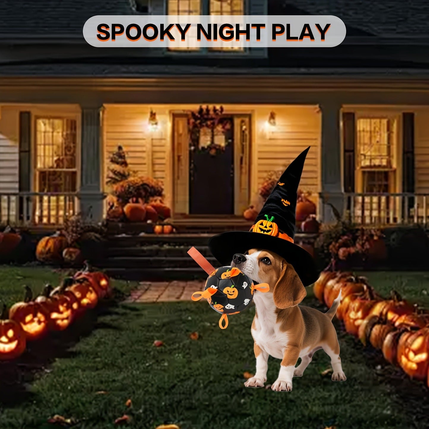Halloween Dog Ball Toy with Pump - Football Shaped Chew Ball for Dogs, Pumpkin Ghost Design, Durable Rubber Fetch Toy for Small Medium Large Dogs, Festive Pet Gift with Strap, No Battery Required