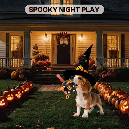 Halloween Dog Ball Toy with Pump - Football Shaped Chew Ball for Dogs, Pumpkin Ghost Design, Durable Rubber Fetch Toy for Small Medium Large Dogs, Festive Pet Gift with Strap, No Battery Required