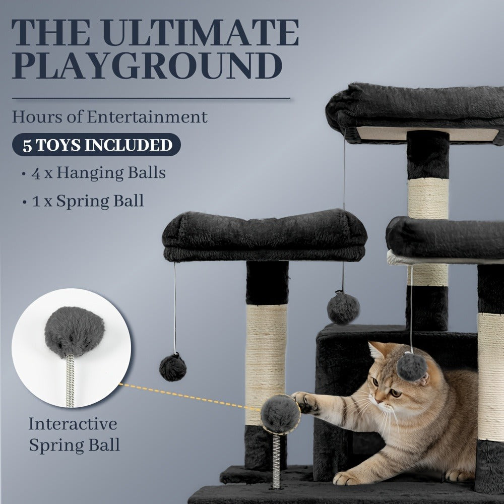 Large Multi-Level Cat Tree Tower – 68–81 Inch Tall Cat Condo with 2 Condos, 3 Plush Perches, Scratching Posts & Cat Hair Brush