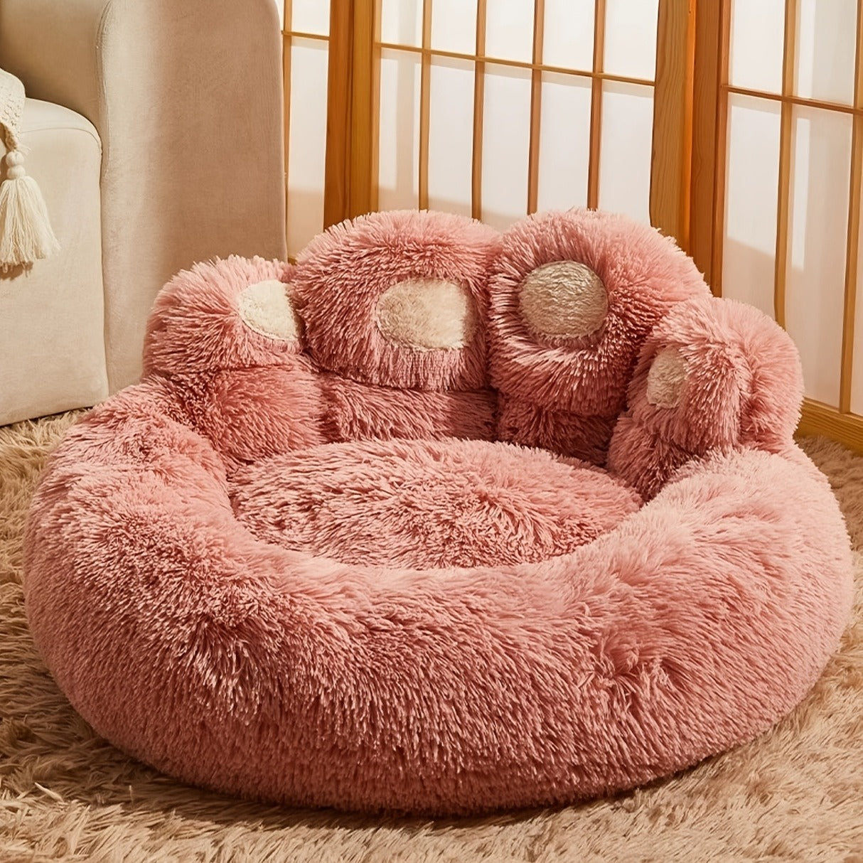 Dog Bed Cat Bed Bear Paw Round Plush Non-Slip – Soft Warm Cuddler Pet Mattress for Puppy, Small, Medium & Large Dogs and Cats, Sizes 20–36 Inch, Colors: Coffee, Pink, Gray